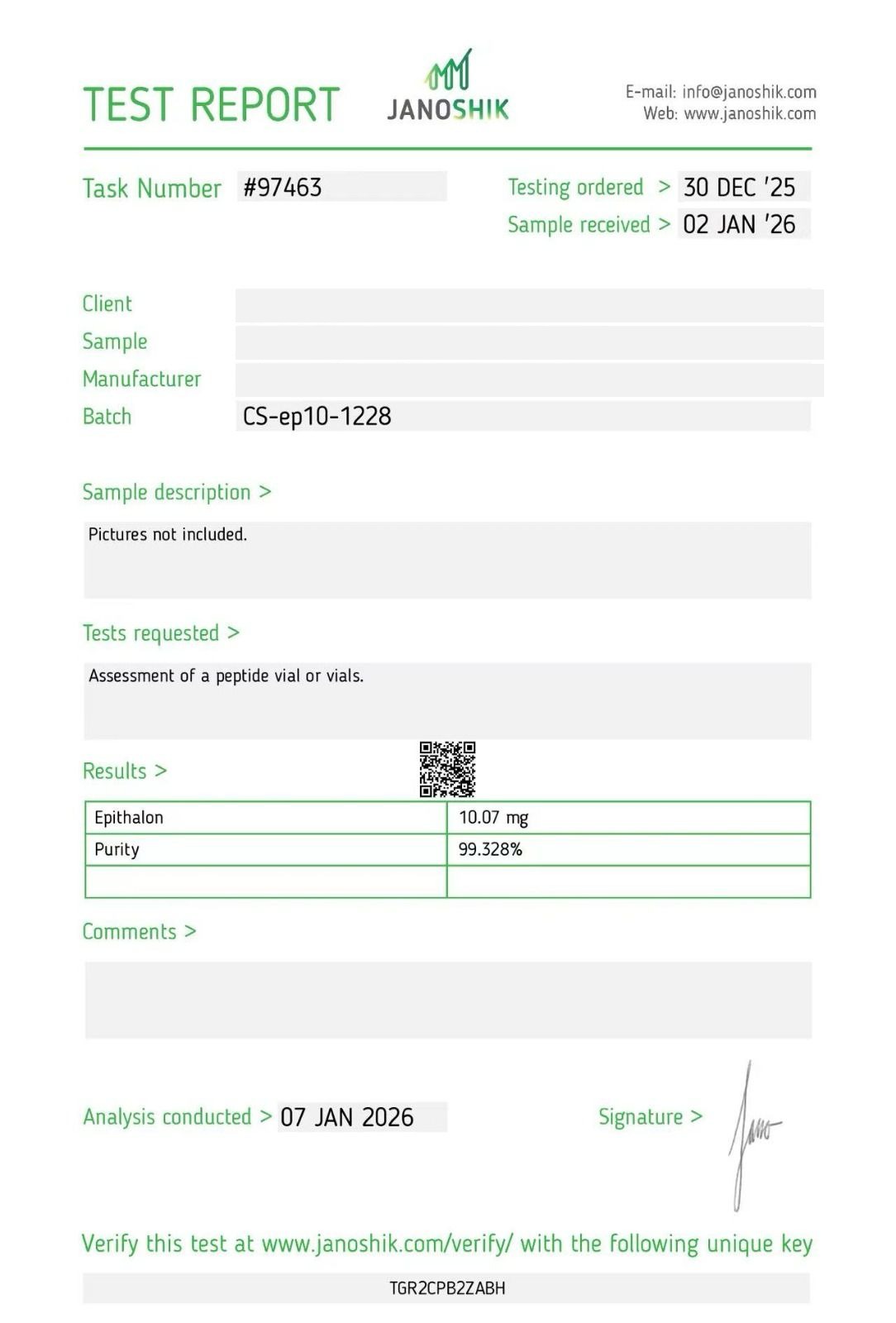 Epithalon 10mg Certificate of Analysis — 99.328% purity, Janoshik Analytical
