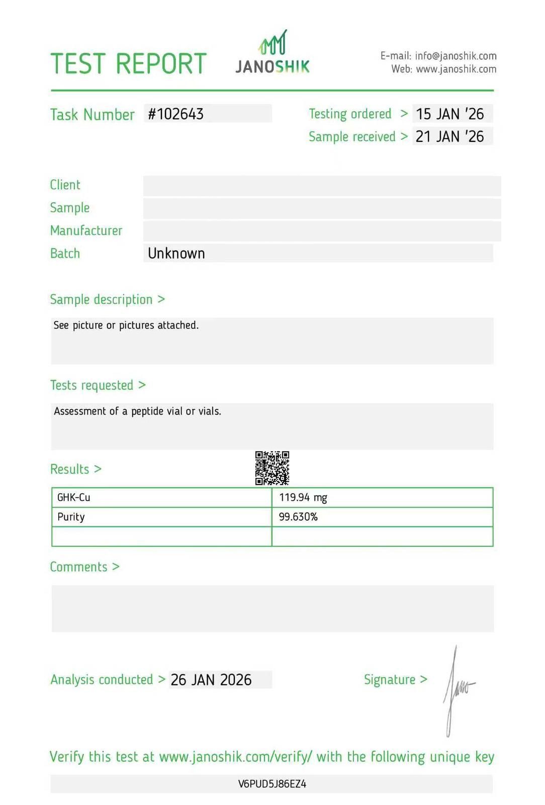 GHK-Cu 100mg Certificate of Analysis — 99.63% purity, Janoshik Analytical