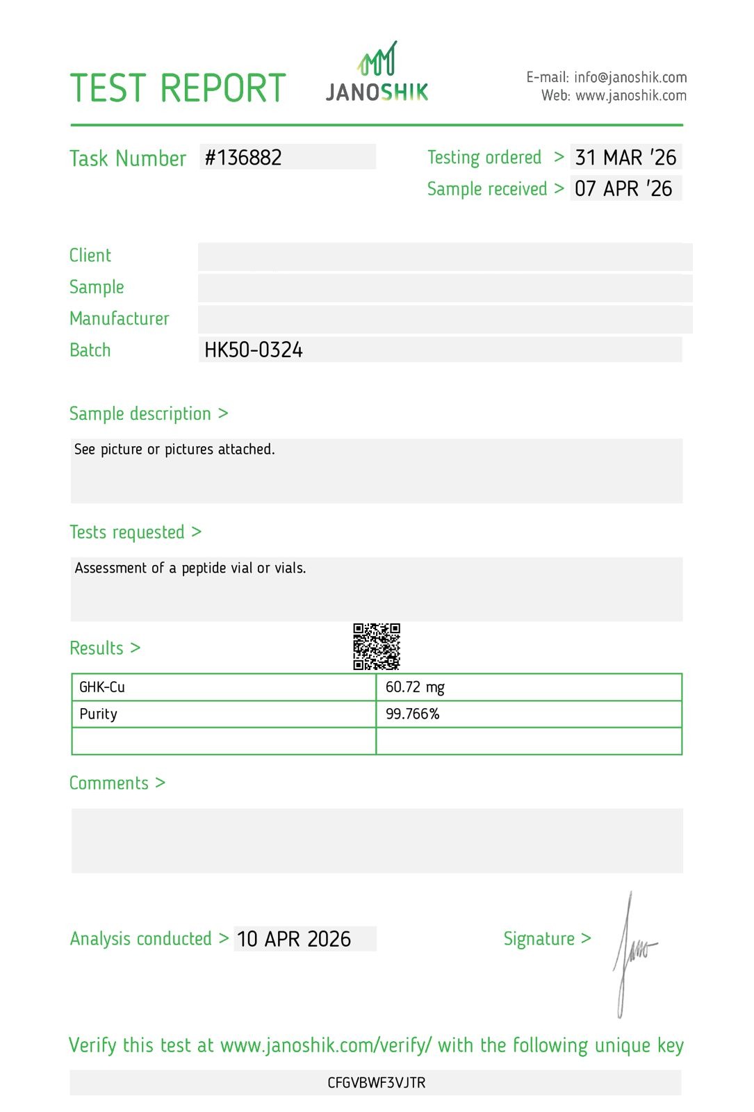 GHK-Cu 50mg Certificate of Analysis — 99.766% purity, Janoshik Analytical