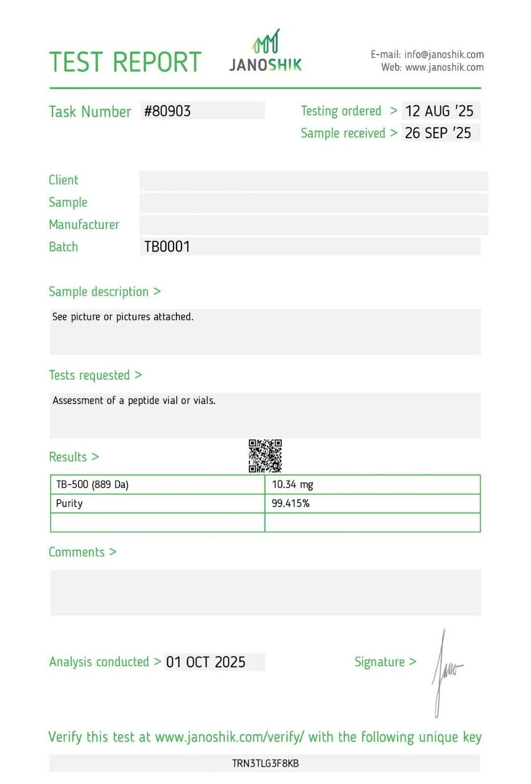 TB-500 (TB4) 10mg Certificate of Analysis — 99.415% purity, Janoshik Analytical